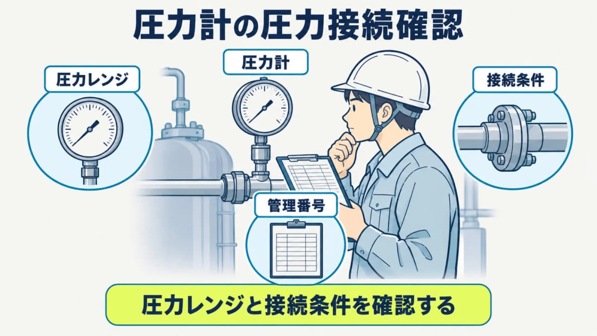 圧力計の圧力レンジと接続を現品情報として確認する