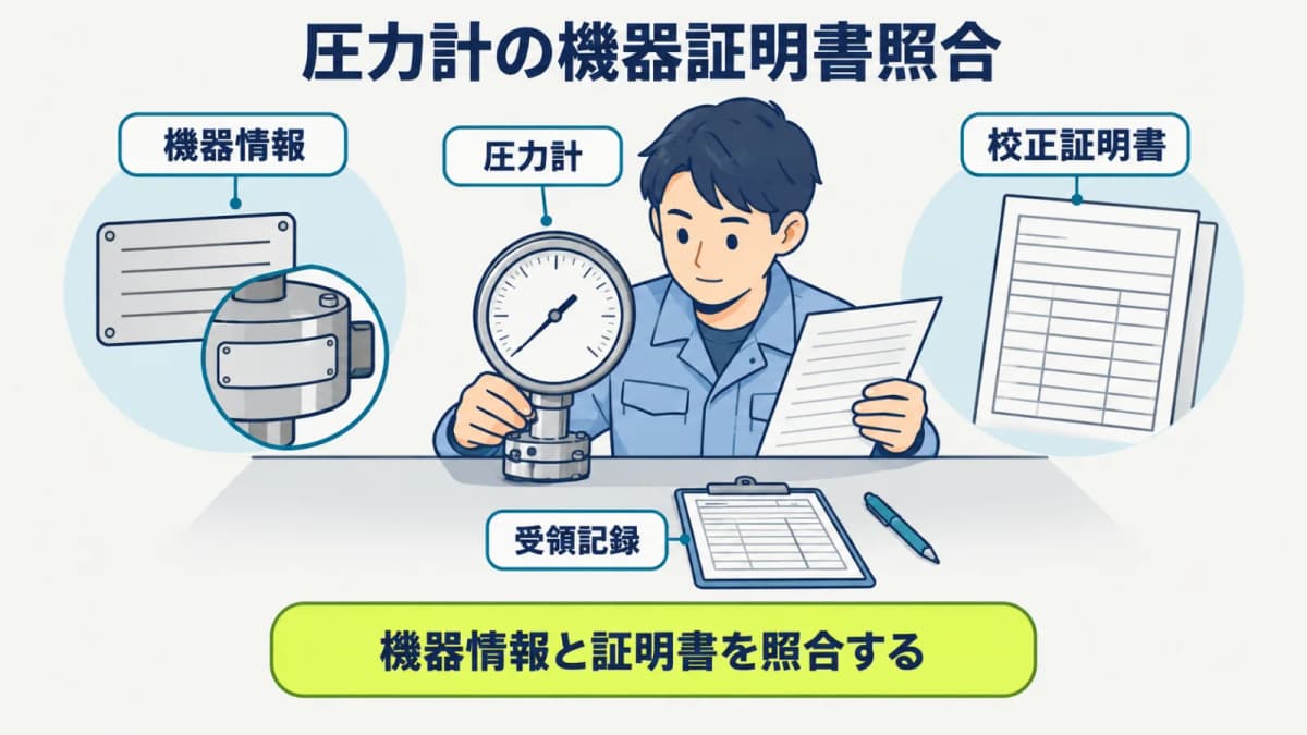 圧力計の機器情報と校正証明書を受領記録で照合する
