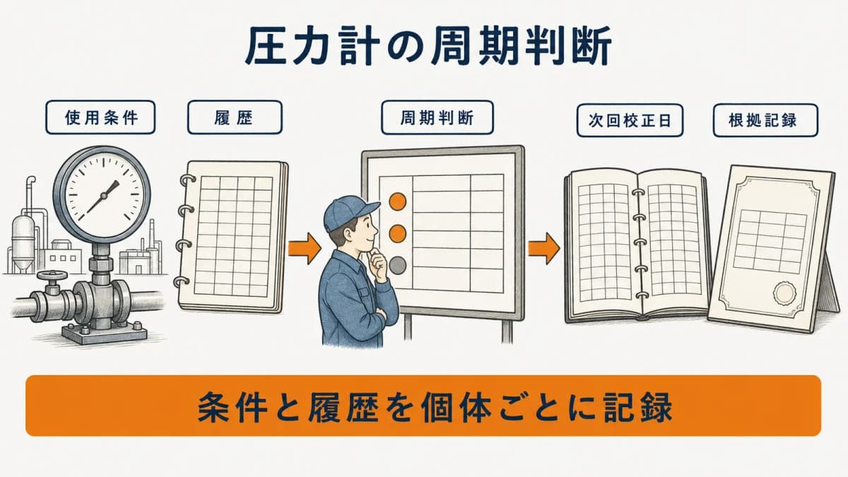 圧力計の使用条件と履歴を周期判断と記録へつなぐ全体図