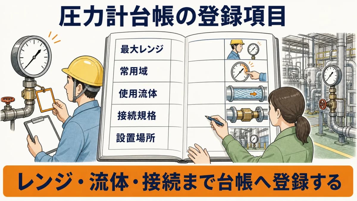 圧力計台帳にレンジ流体接続設置条件を登録する項目見本