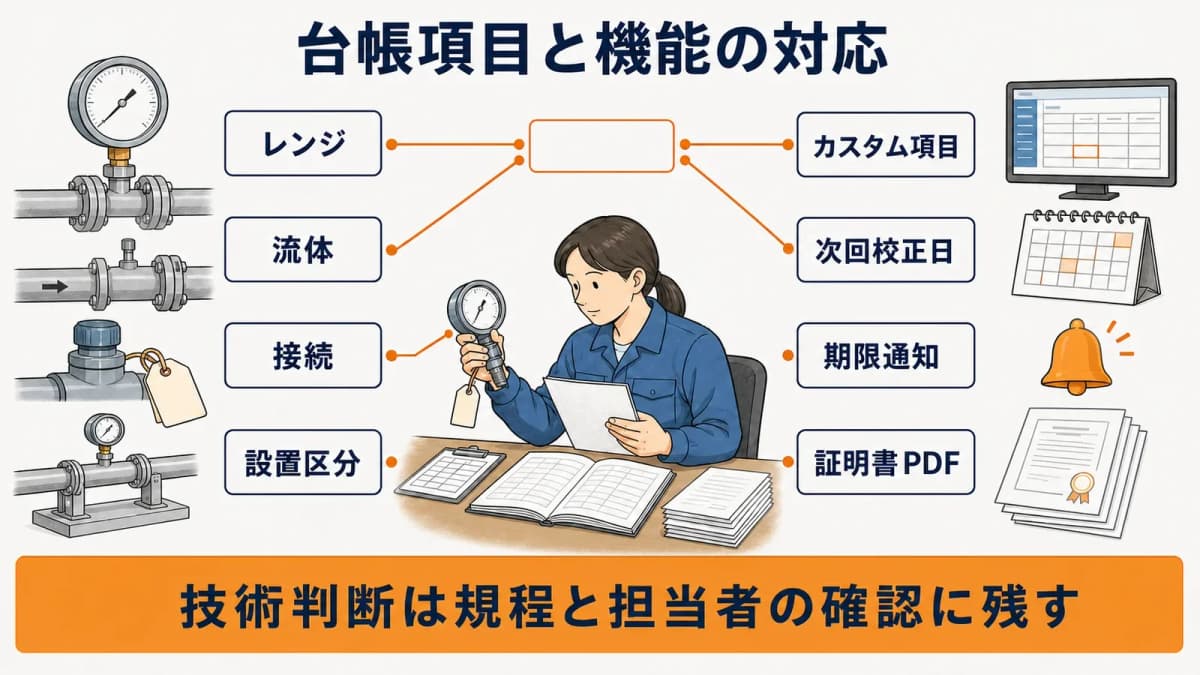 圧力計の管理項目と計測器校正HUBの実装機能の対応表