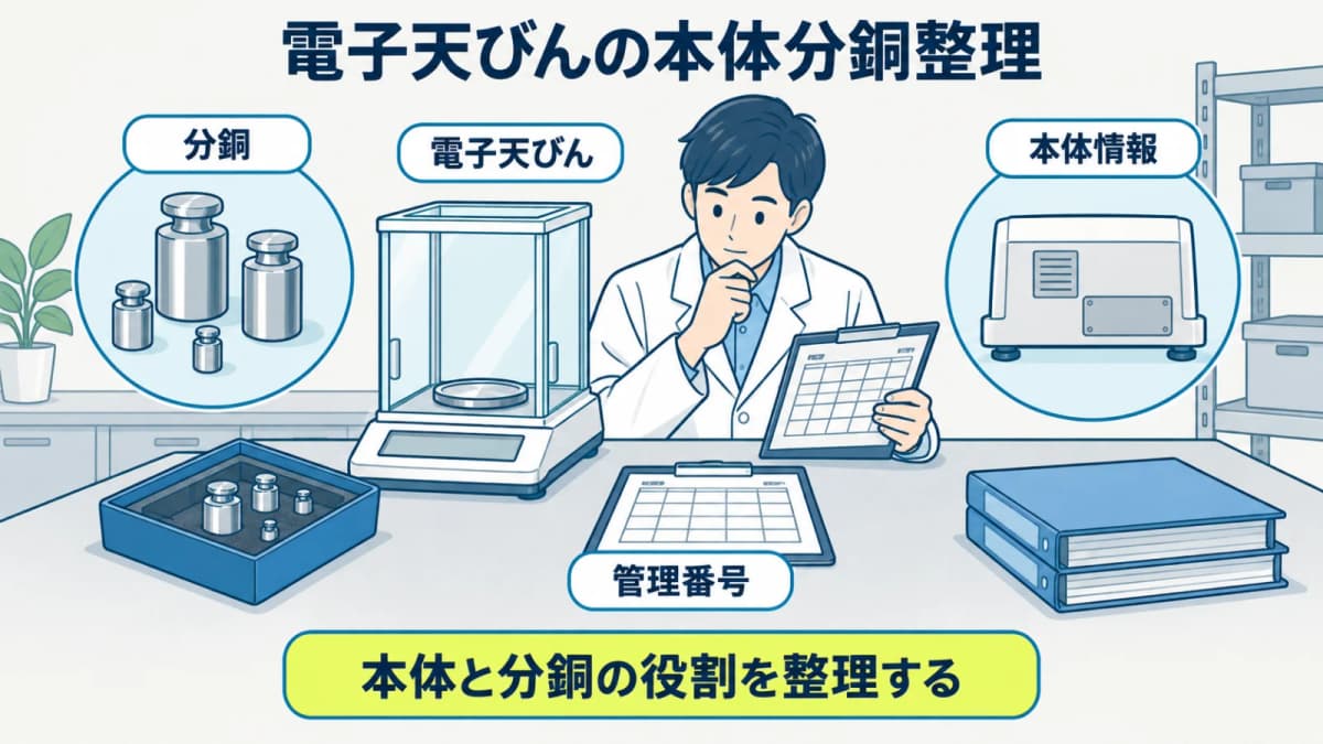 電子天びんの本体と分銅の役割を現品情報として確認する