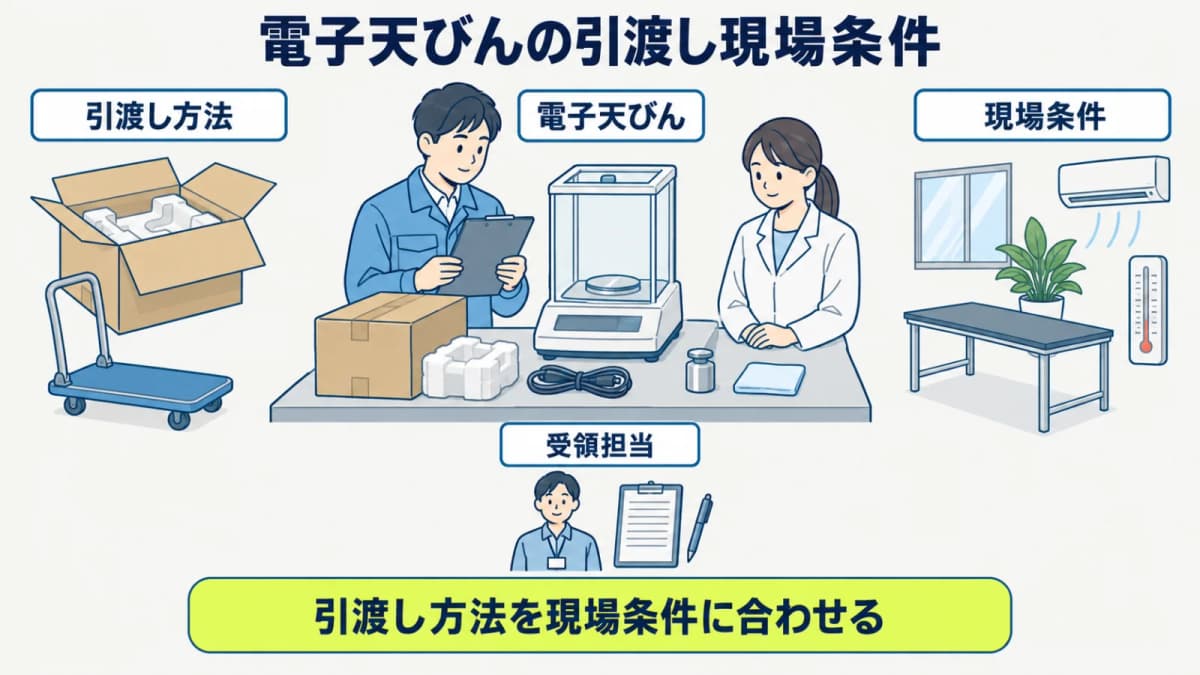 電子天びんの引渡し方法と現場条件を別欄で確認する