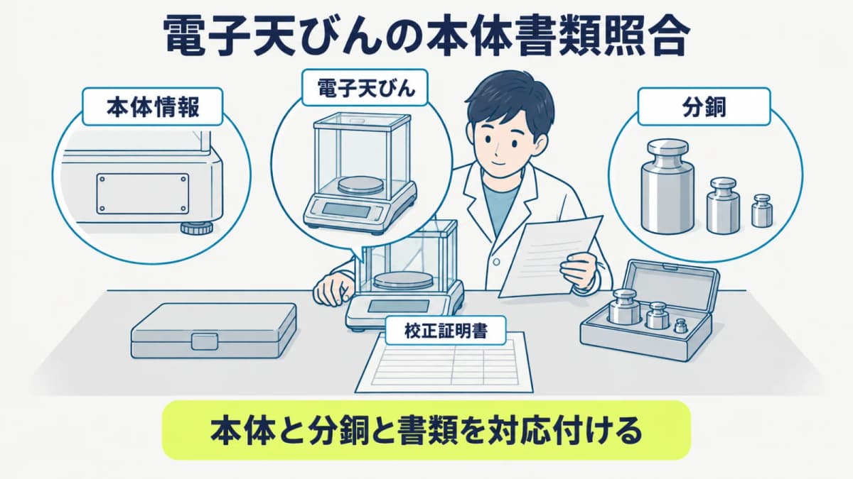 電子天びんの本体情報・分銅・校正証明書を対応付ける