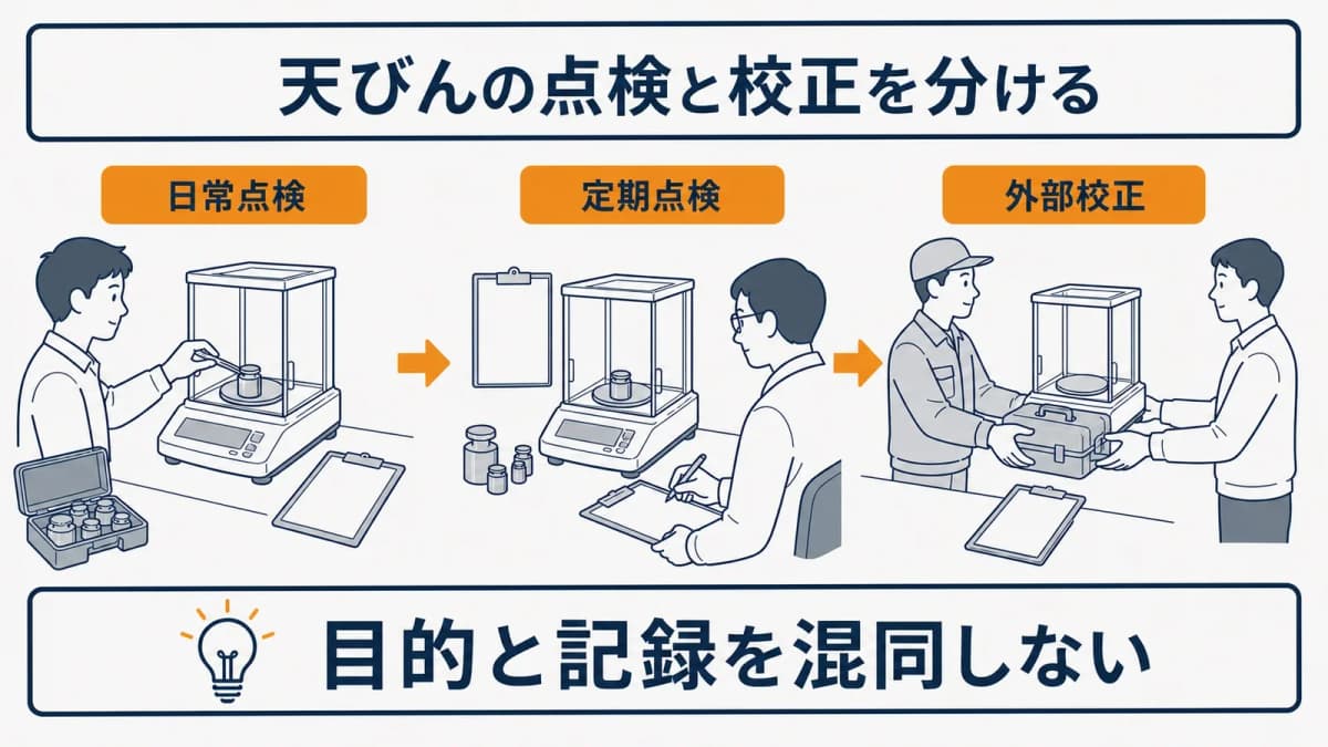 電子天びんの日常点検と定期点検と外部校正を分ける3層図