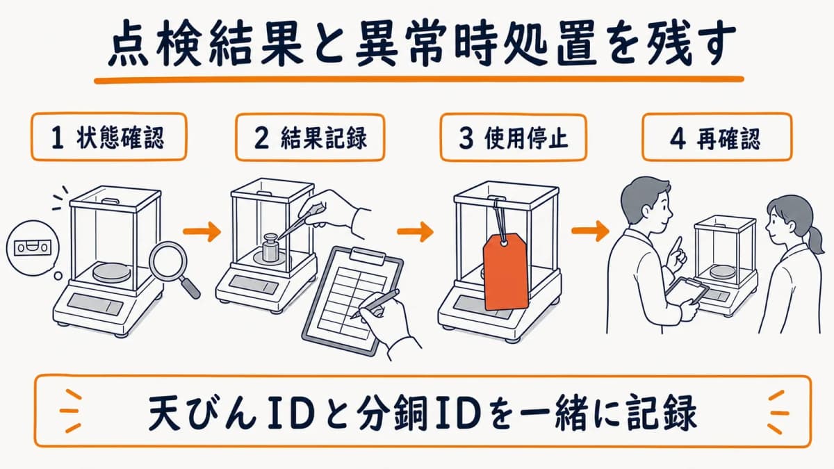 天びんIDと分銅IDと表示値を残す点検票見本