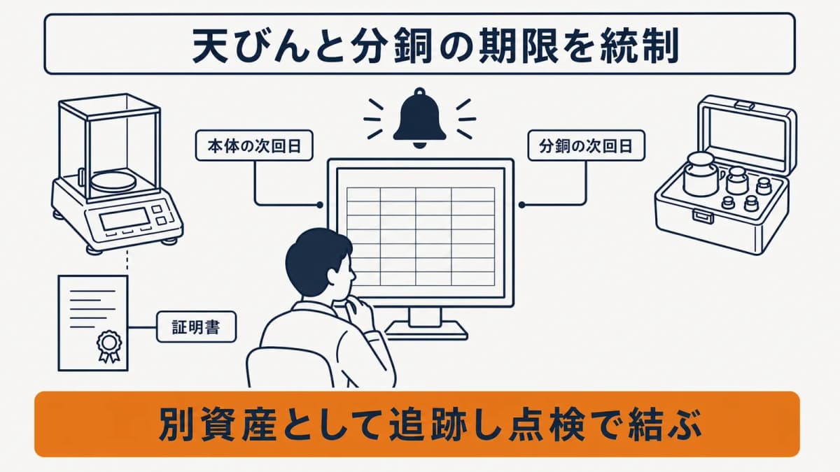 天びんと分銅それぞれの期限と証明書を点検記録へ結ぶ証拠対応図