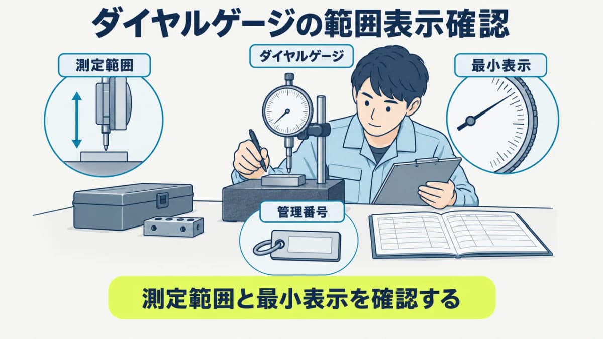 ダイヤルゲージの測定範囲と最小表示を現品ごとに確認する
