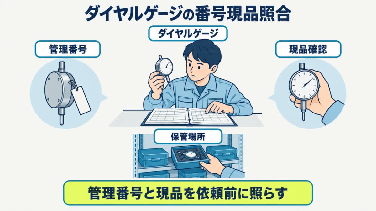 ダイヤルゲージの管理番号と現品を依頼前に照合する