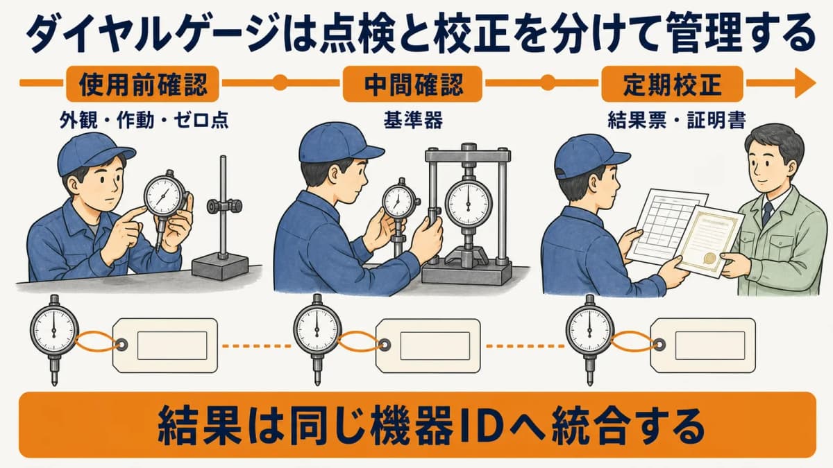 ダイヤルゲージの使用前確認から中間確認と定期校正へつなぐ時系列図