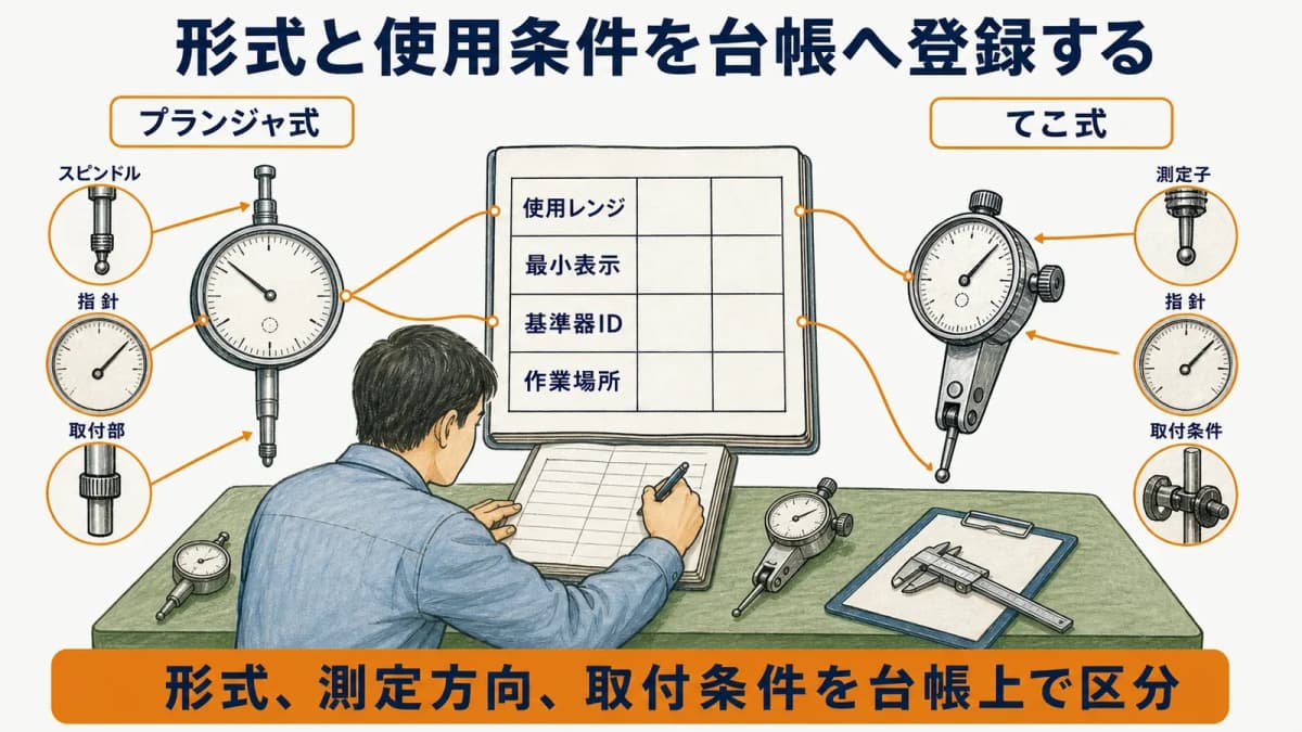ダイヤルゲージの形式使用レンジ基準器を整理する台帳項目例