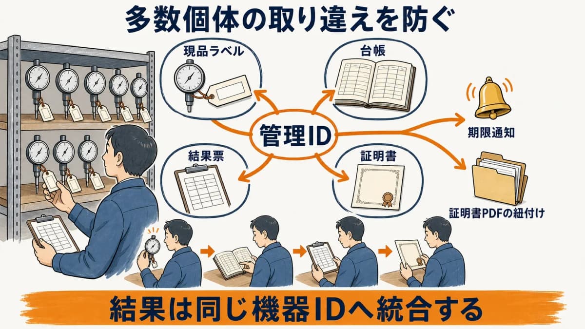 ダイヤルゲージの現品ラベル台帳証明書を管理IDで結ぶ証拠対応表