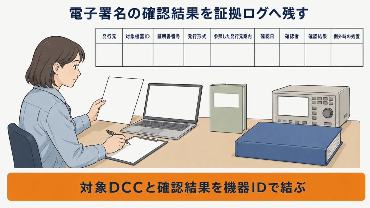 DCCの電子署名確認結果を一行で残す証拠ログ見本