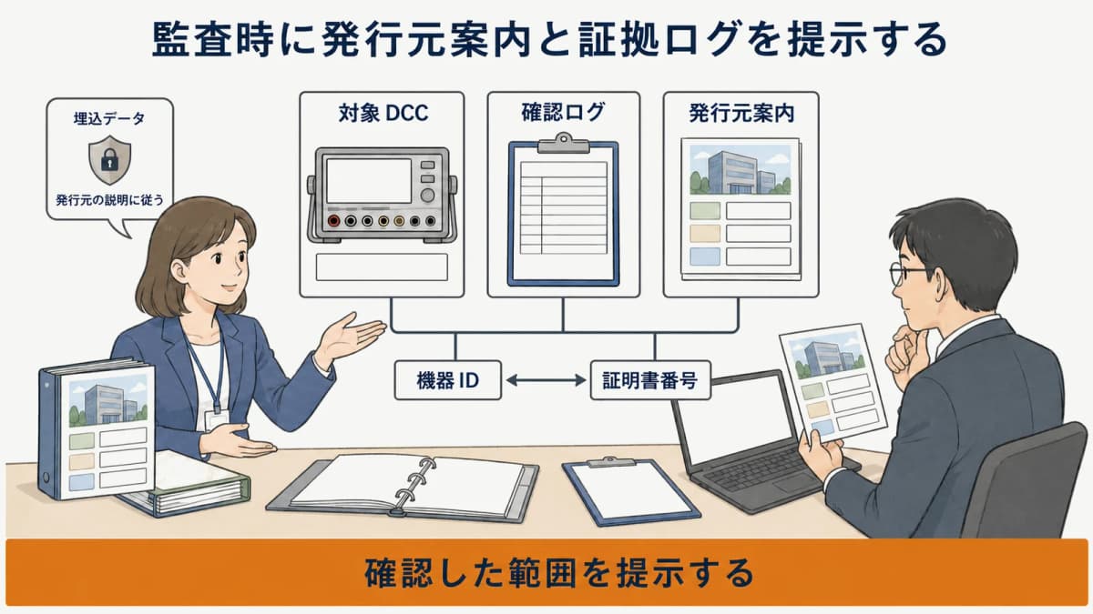 監査でDCCと確認ログと発行元案内を示す証拠パッケージ図