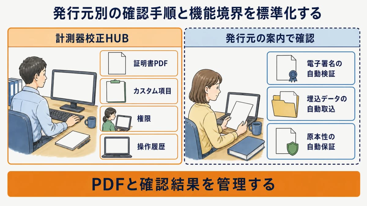 発行元別DCC確認と計測器校正HUBの機能境界表