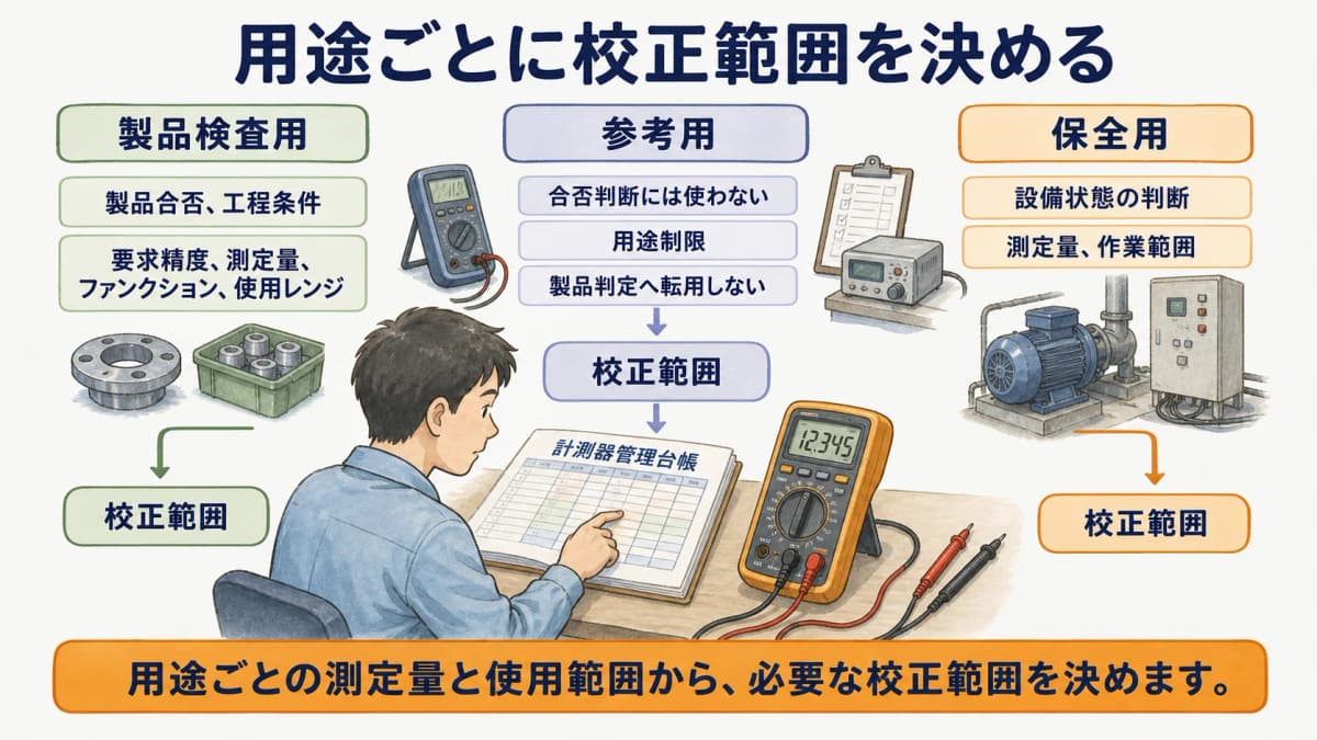 デジタルマルチメータを製品検査用・参考用・保全用に分ける図解
