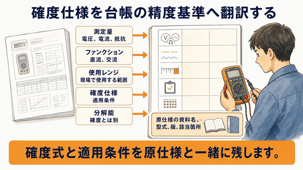 DMMの測定量・ファンクション・使用レンジ・確度仕様を台帳へ登録する図解