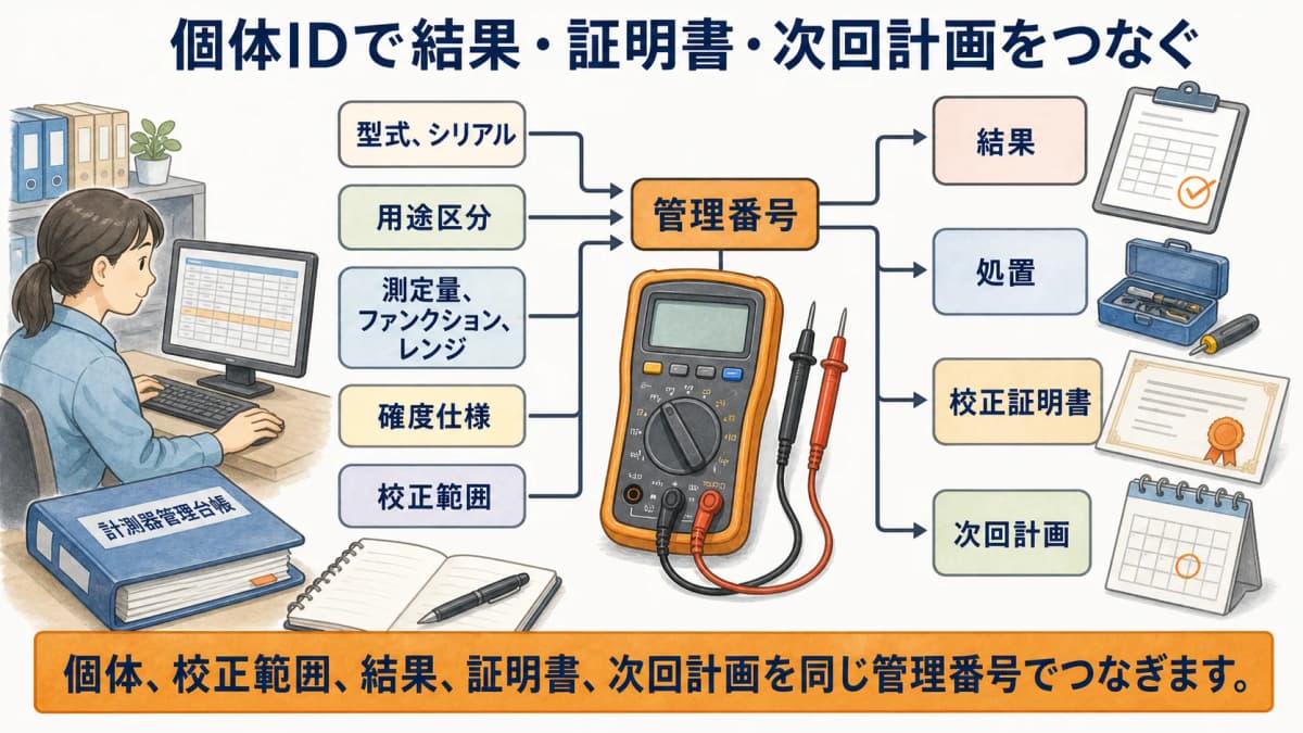 DMMの個体・校正範囲・結果・証明書・次回計画を台帳で結ぶ図解