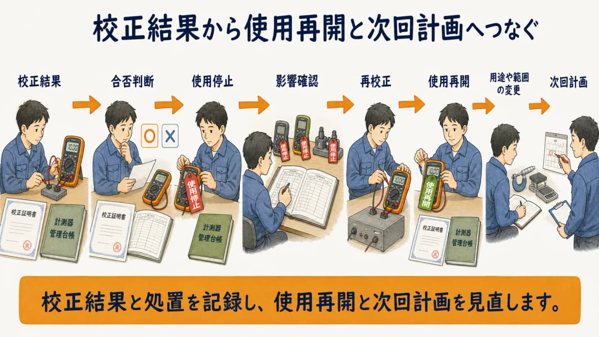 DMMの校正結果から合否判断・処置・次回計画へつなぐ図解