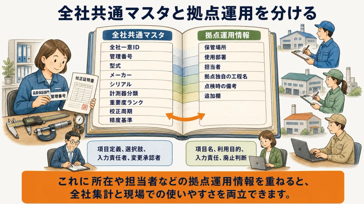 全社共通マスタと拠点固有情報を分けた計測器台帳の図解