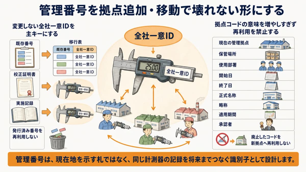 全社一意IDと拠点コードを分離した管理番号設計の図解