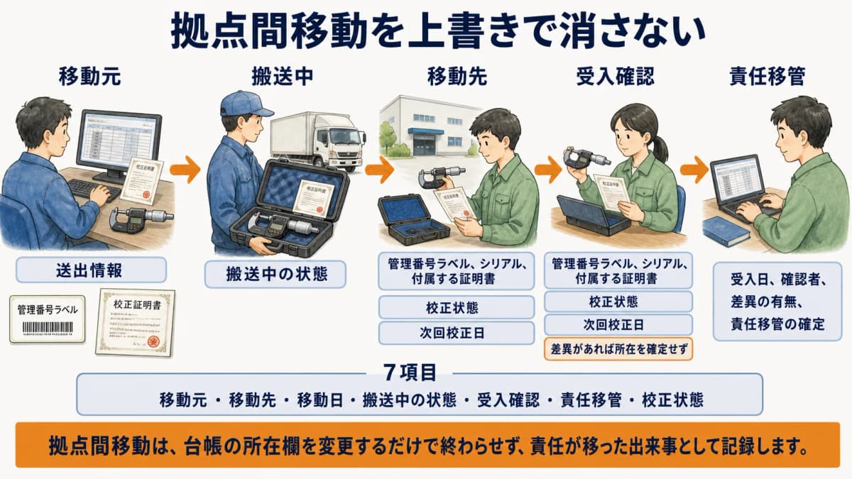 計測器の移動元から受入確認までを履歴に残す流れの図解