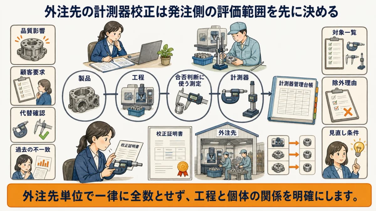 製造外注先の工程と計測器を品質リスクで絞る発注側評価の図解