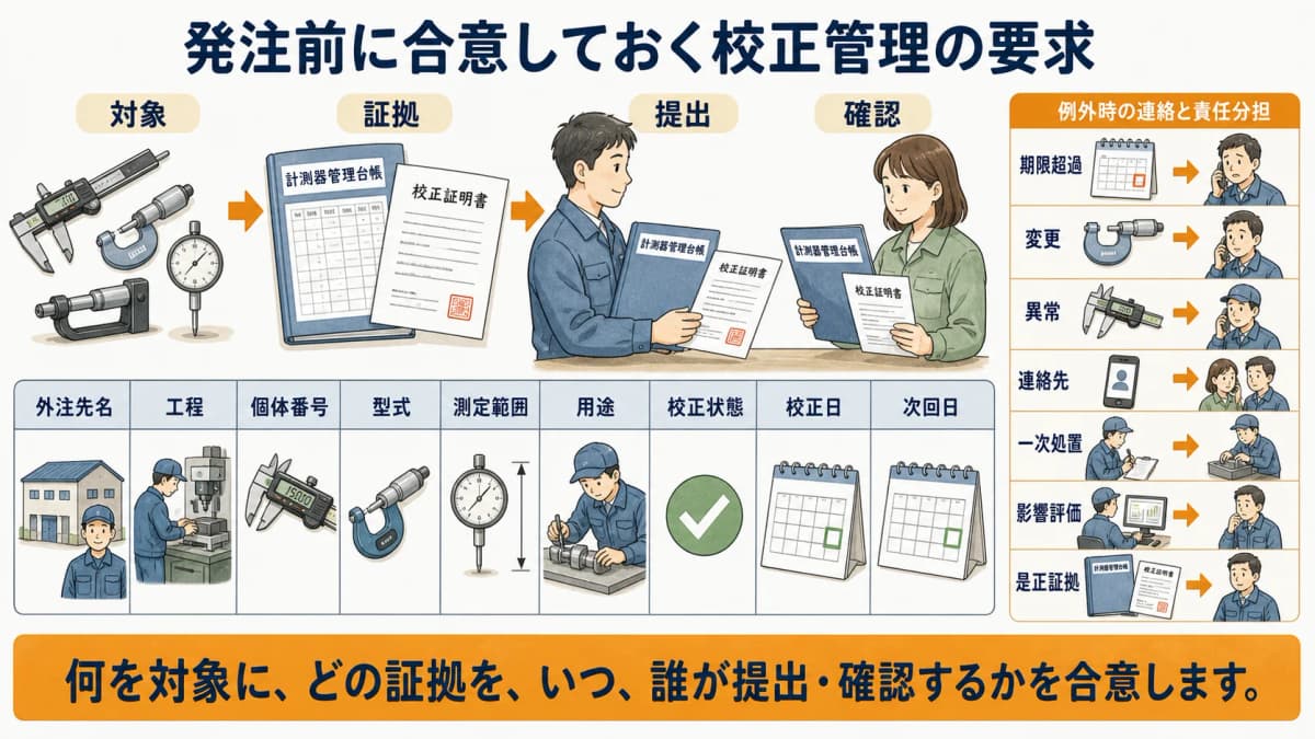 製造外注先と台帳項目・証明書・異常連絡を発注前に合意する図解