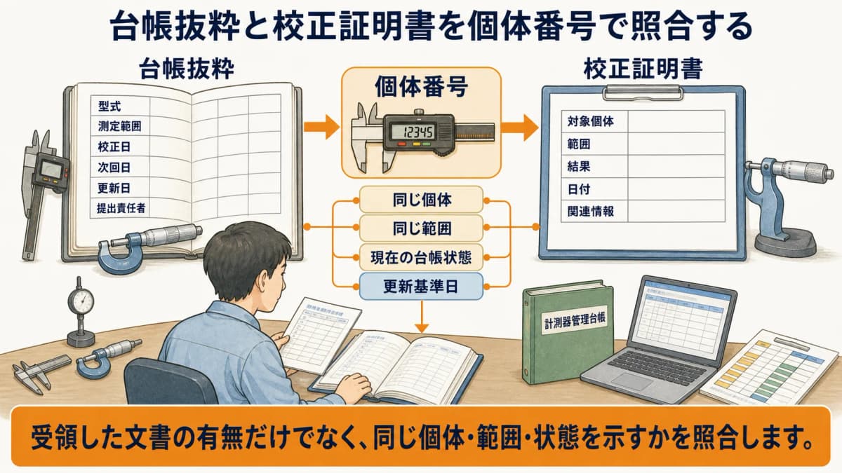 外注先の台帳抜粋と校正証明書を個体番号で照合する図解