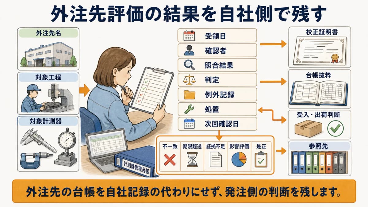 外注先評価の受領日・確認者・判定・例外・次回確認を自社側で記録する図解