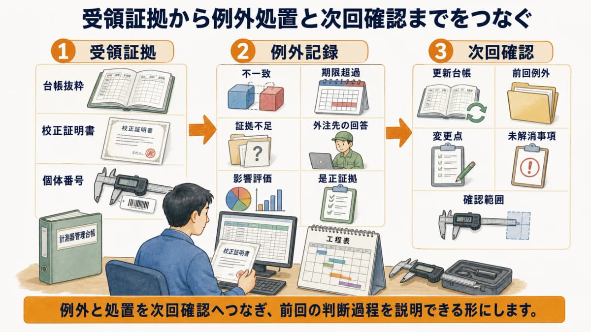 外注先の受領証拠から例外処置と次回確認までをつなぐ図解