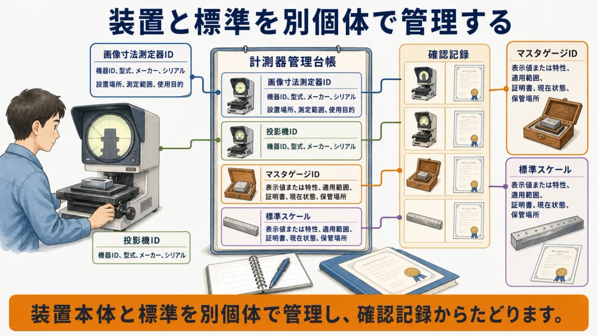 画像寸法測定器・投影機とマスタゲージ・標準スケールを別個体で管理する図解