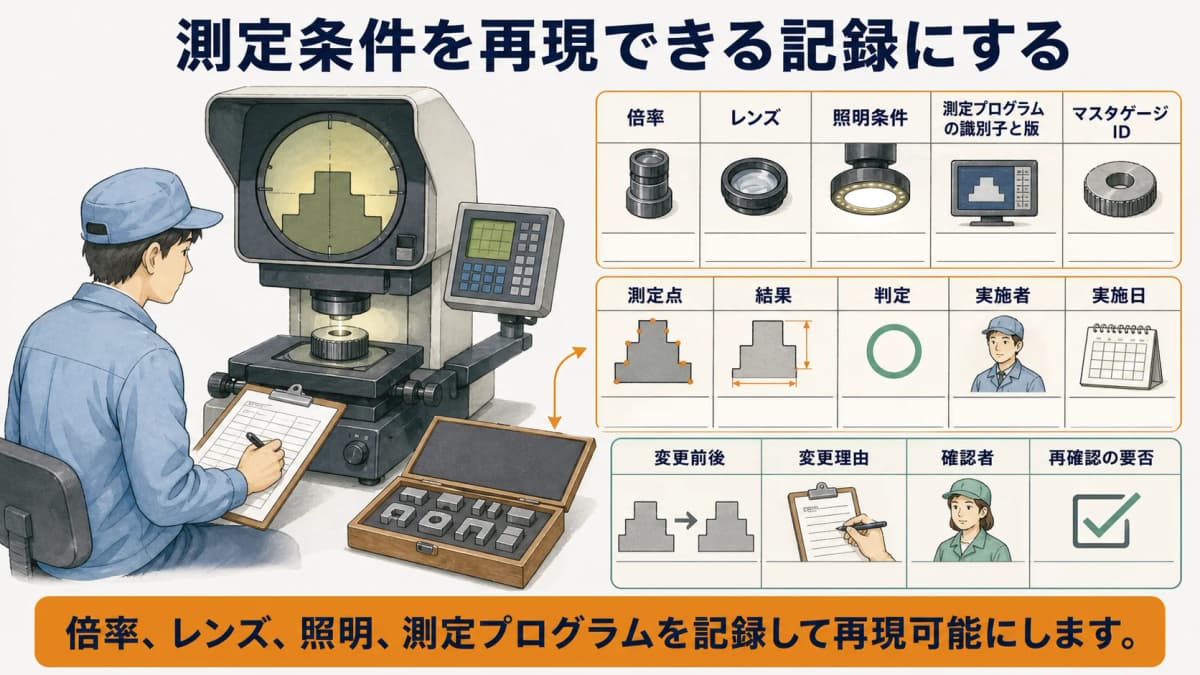 画像寸法測定器の倍率・レンズ・照明・測定プログラムを記録する図解