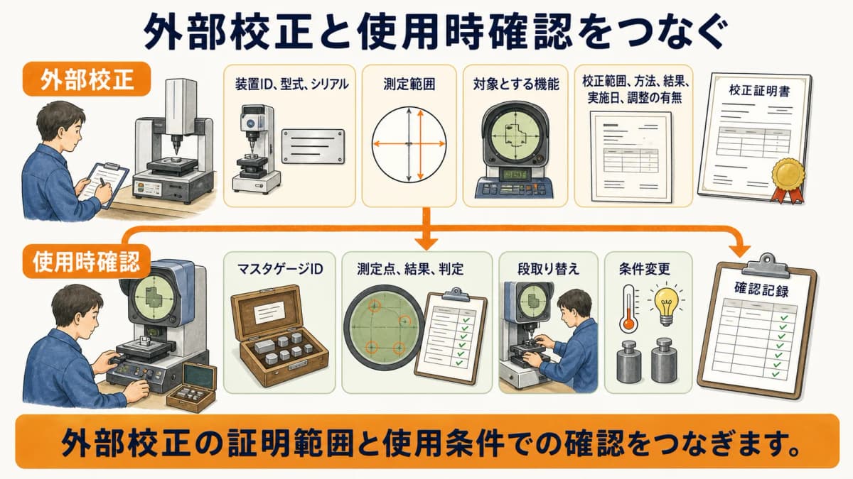 画像寸法測定器の外部校正範囲と使用時のマスタゲージ確認をつなぐ図解