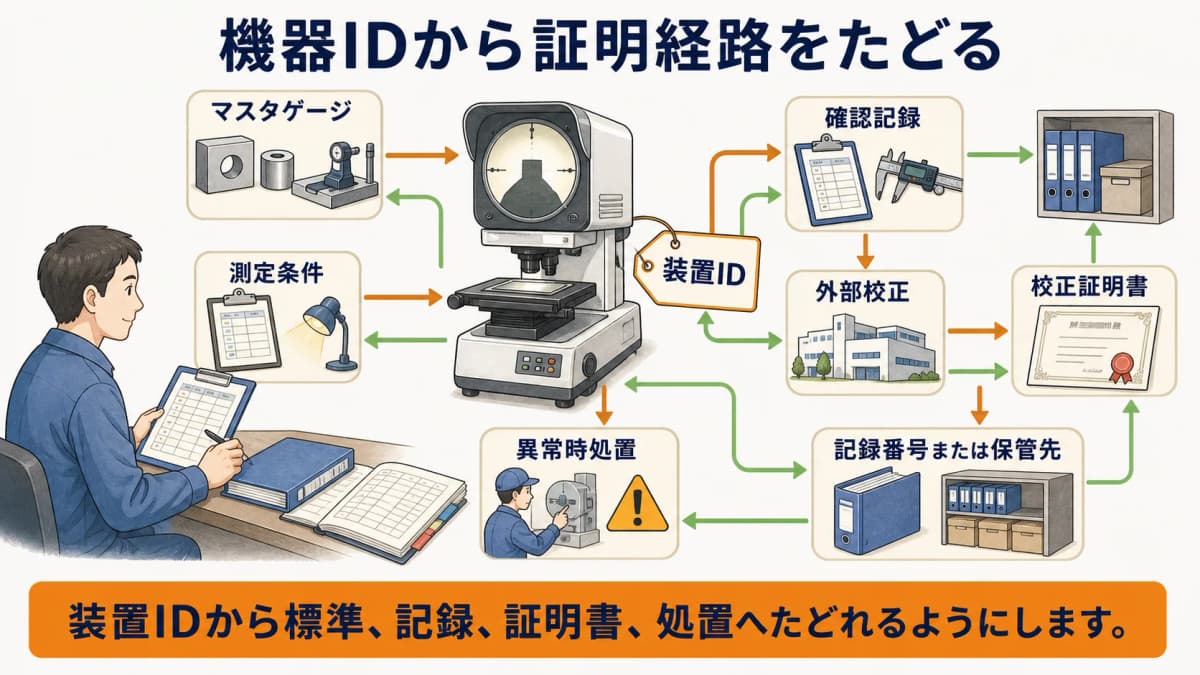 画像寸法測定器の機器IDから標準・確認記録・証明書・処置をたどる監査図解
