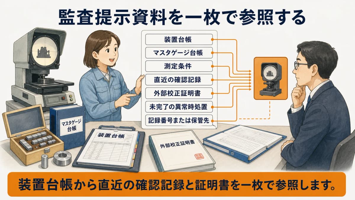 画像寸法測定器の監査提示資料を機器IDから一枚で参照する図解