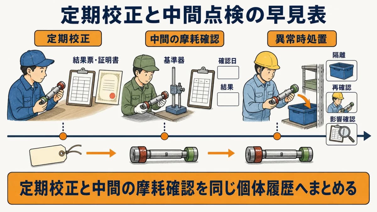 限界ゲージの定期校正と中間の摩耗確認をつなぐ時間軸図