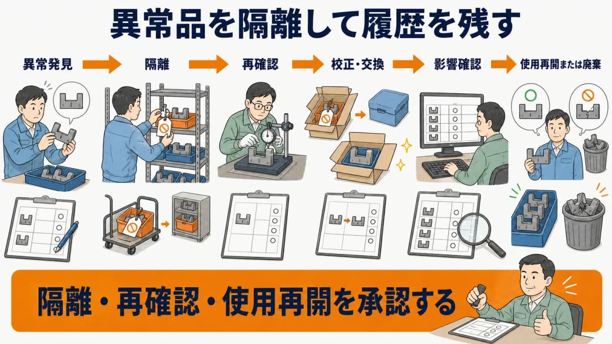 限界ゲージの異常発見から隔離再確認使用再開廃棄へ進む状態遷移図