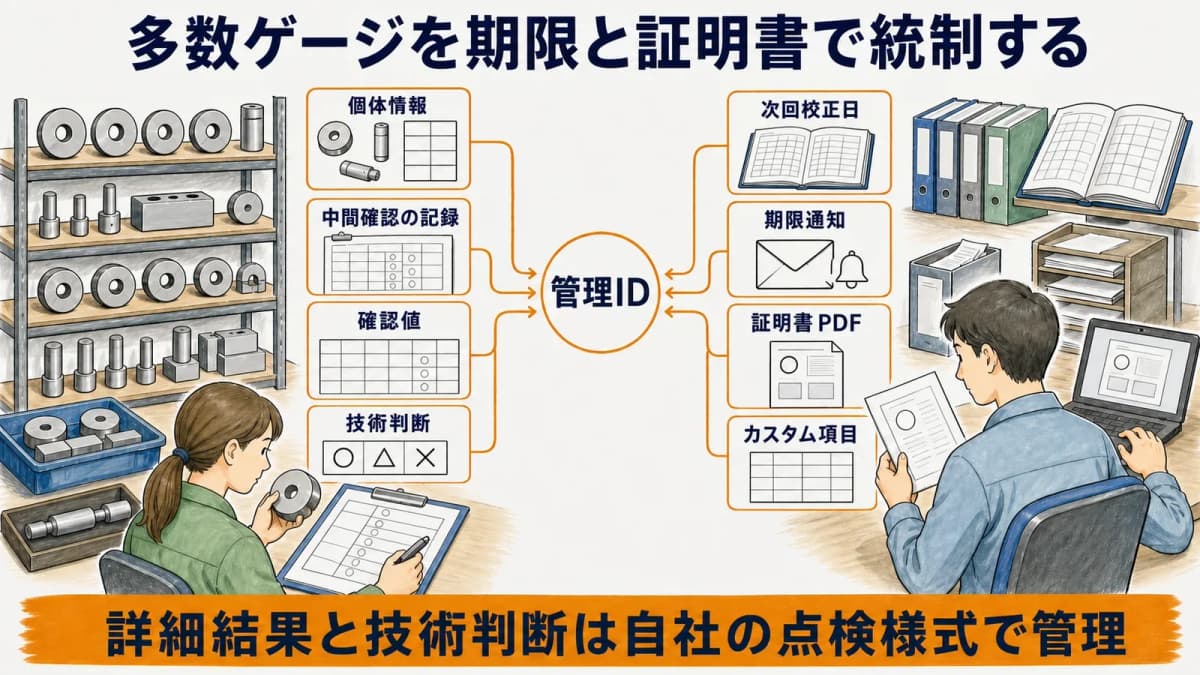 限界ゲージの個体期限証明書と専用外の記録を分ける機能境界表