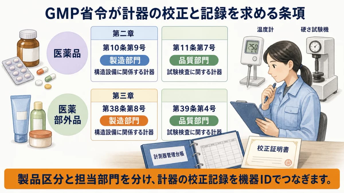 医薬品の製造部門と品質部門が計器の校正記録を区分して確認する図解