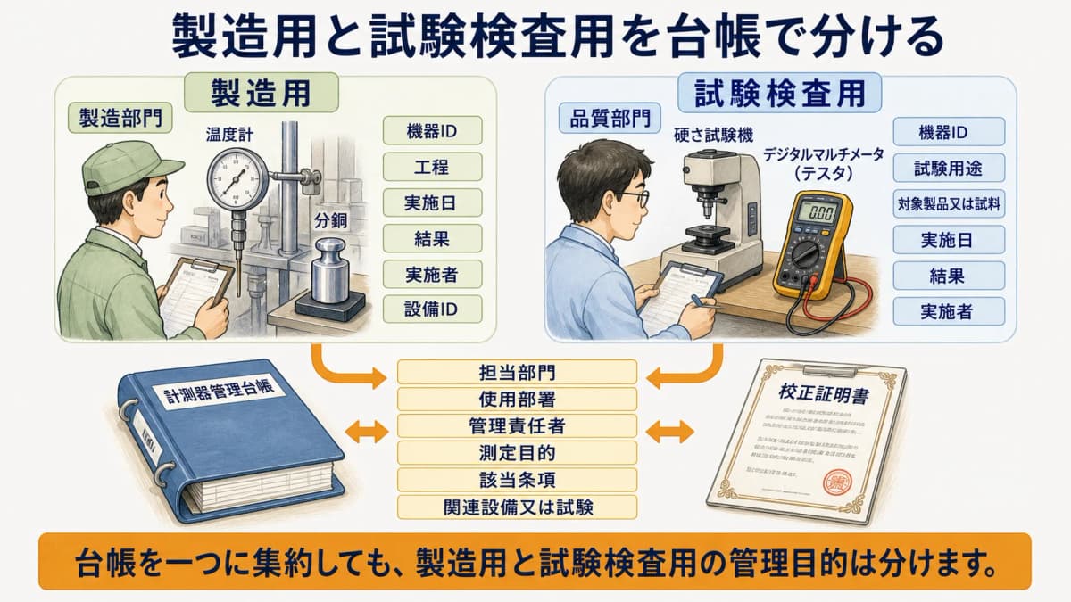 製造用温度計と試験検査用の硬さ試験機を別項目で管理する図解