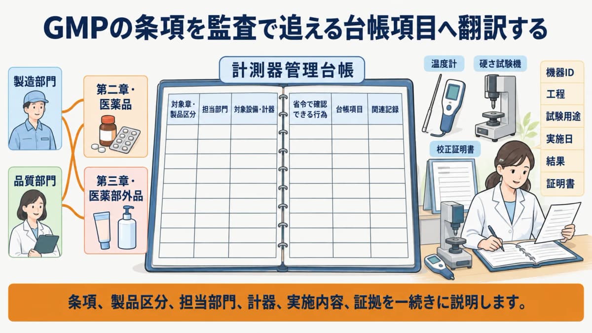 GMP省令の条項と計器IDと校正証明書を一つの台帳で関連付ける図解