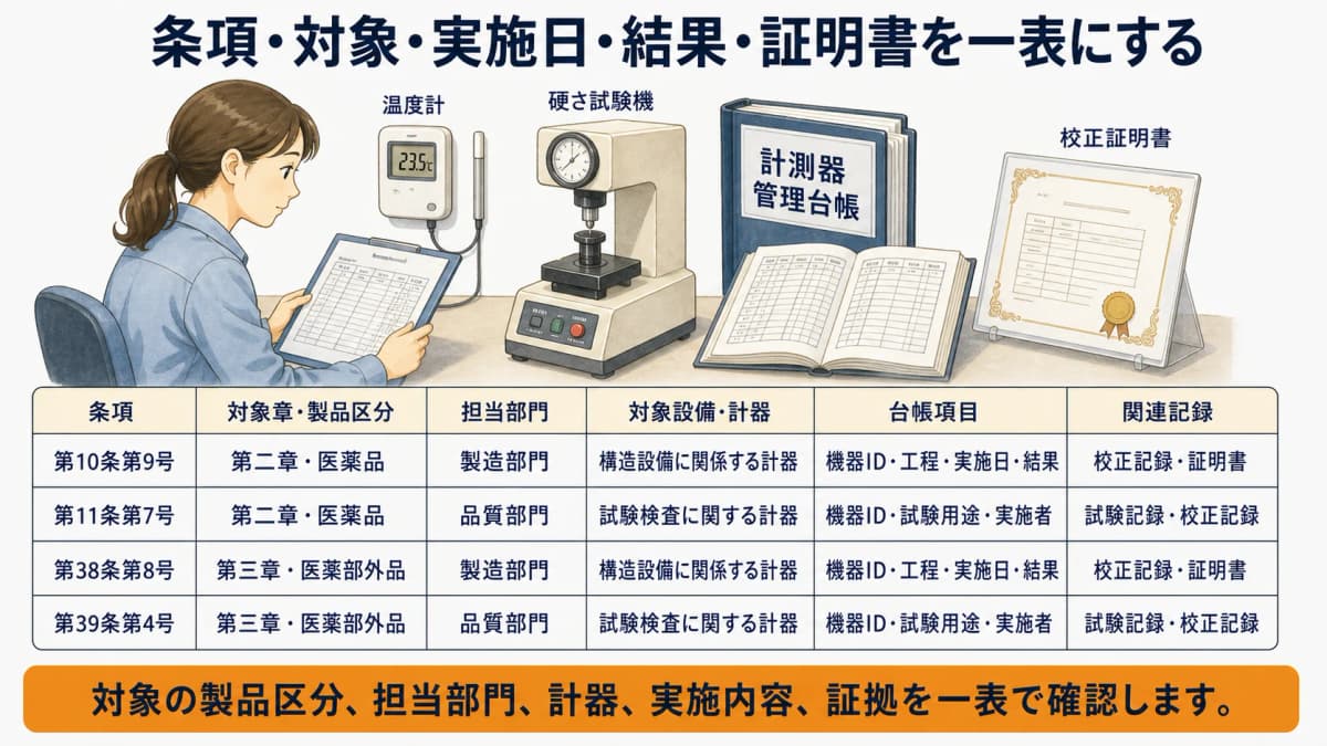 医薬品の計器校正記録で条項と実施結果を確認する図解