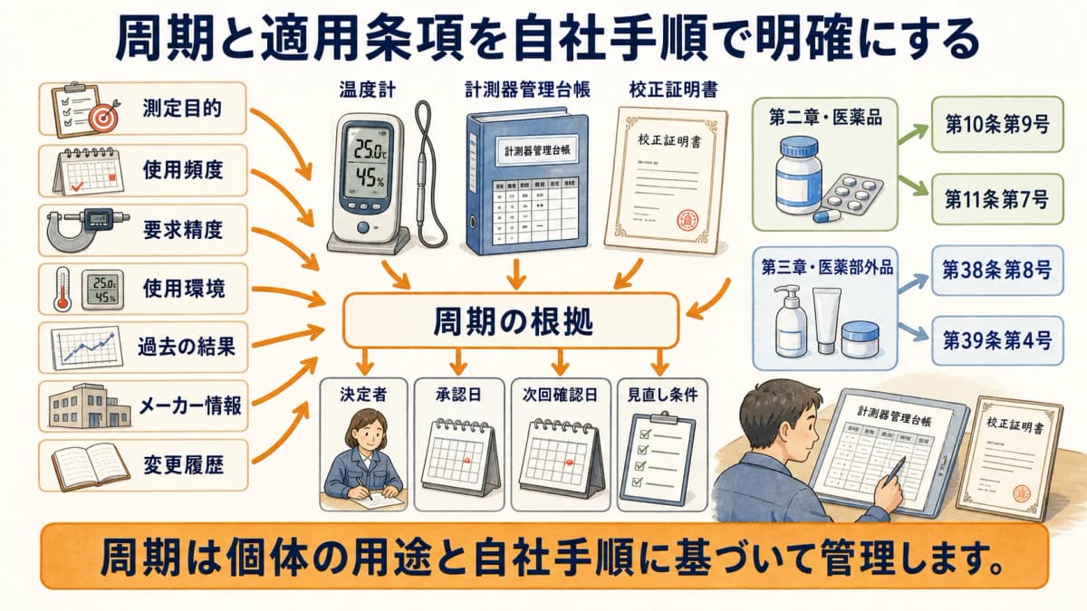 医薬品の計器と医薬部外品の計器を周期根拠と条項で区分する図解