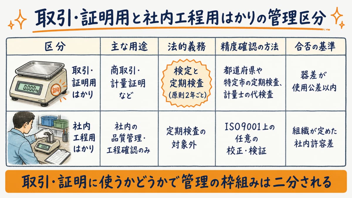 取引・証明用はかりと社内工程用はかりの管理区分を法的義務・精度確認方法・合否基準で比較した早見表の図解