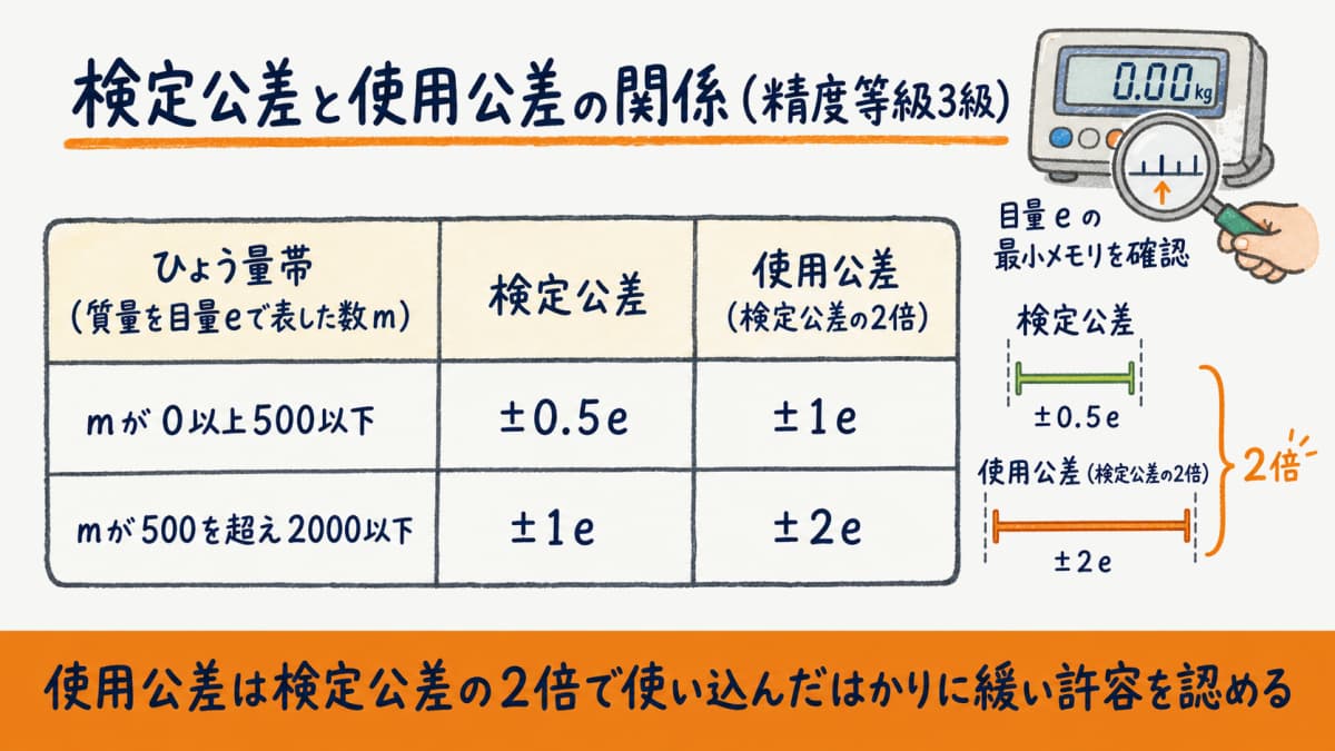 検定公差と使用公差の関係を精度等級3級のひょう量帯別に示し使用公差が検定公差の2倍であることを表した早見表の図解