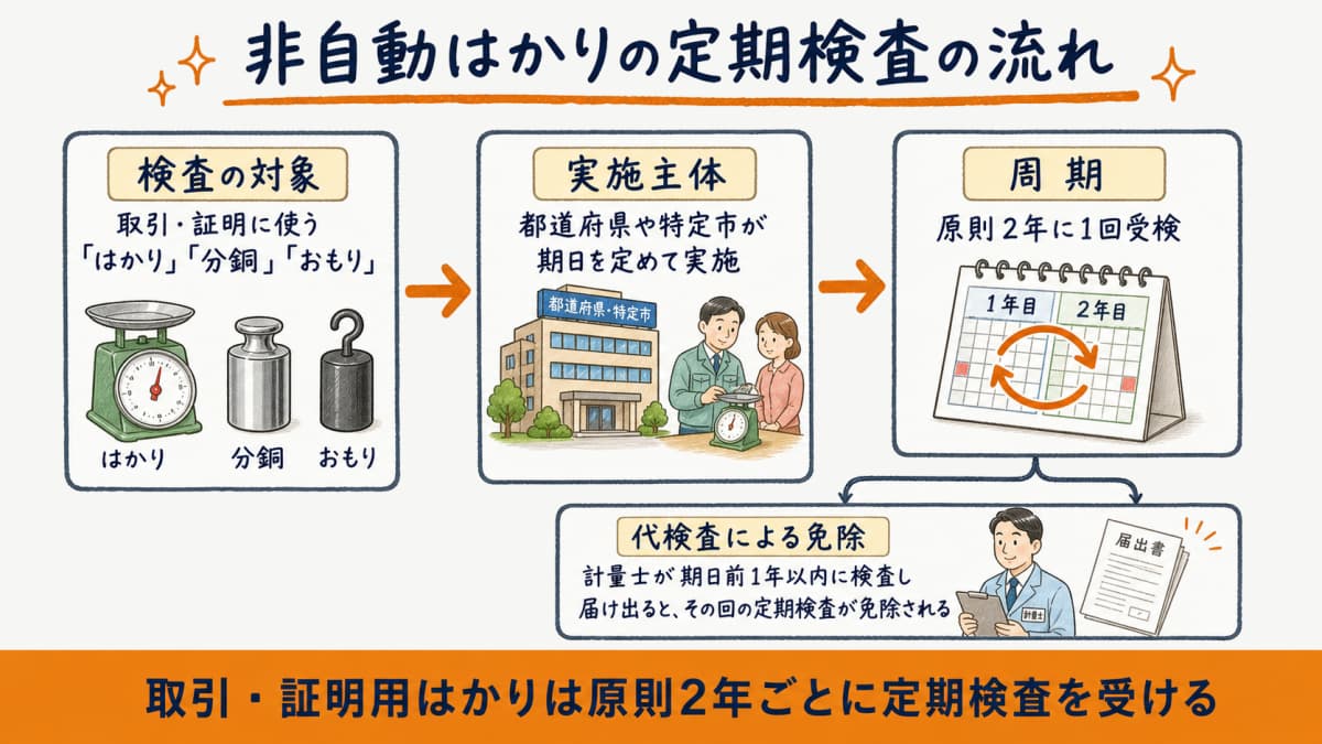 非自動はかりの定期検査の対象・2年周期・実施主体と代検査による免除の流れを示したフロー図の図解