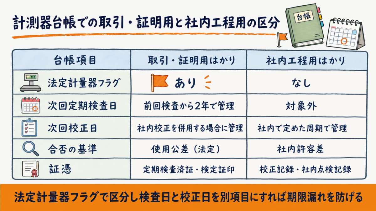 計測器台帳で取引証明用と社内工程用を法定計量器フラグで区分し次回定期検査日と次回校正日を別項目で管理する項目設計例の図解