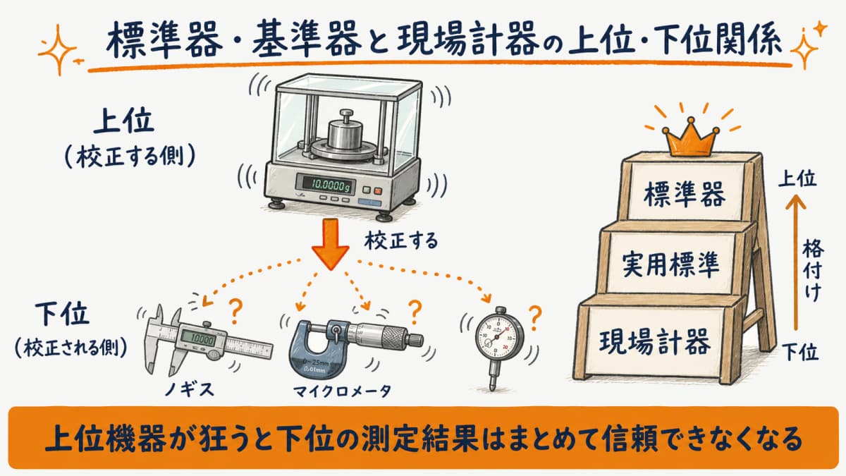 標準器・基準器と現場計器の上位・下位関係と格付けを示した階層図の図解