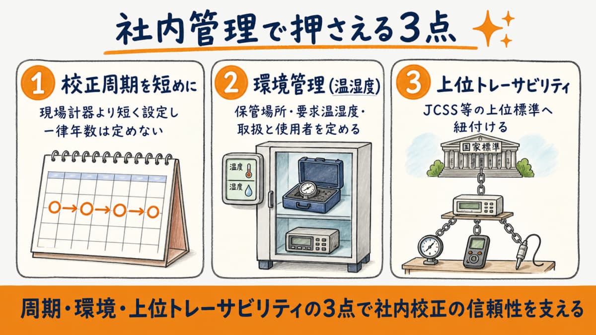 標準器・基準器の社内管理で押さえる3点(周期・環境・上位トレーサビリティ)を並べた要点図の図解